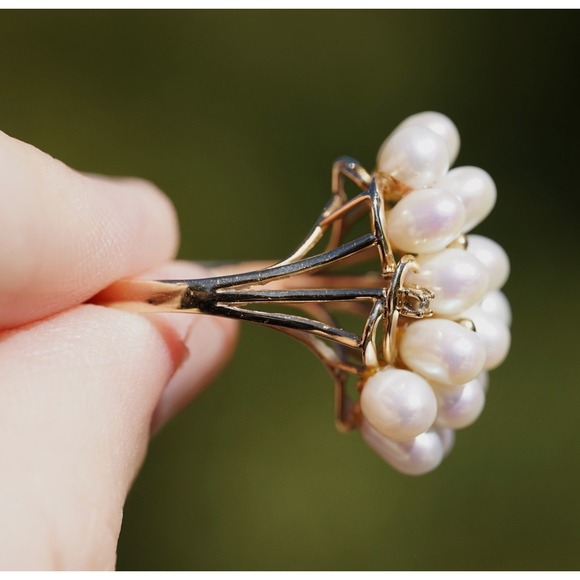 Vintage 14k Solid Yellow Gold Real Pearl & Natural Diamond Ring - Luster Cluster - Picture 7 of 12